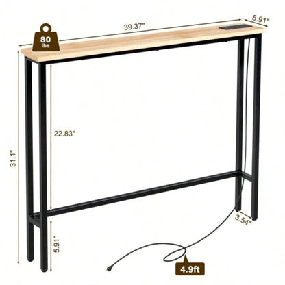 39.4 Narrow Console Sofa Table with Power Outlets and USB Ports, Couch Table with Metal Frame and Charge Station with 4.9ft Extension Cord, Oak