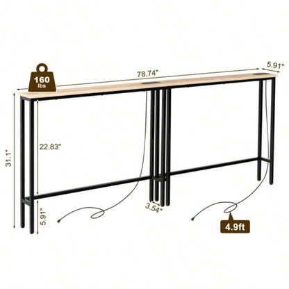 2 Pack 39.4 Narrow Console Sofa Table with Power Outlets and USB Ports, Long Couch Table with Metal Frame and Charge Station with 4.9ft Extension Cord, Oak