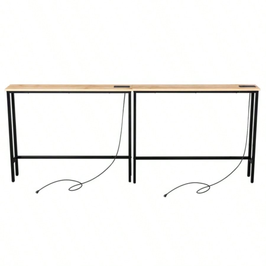 2 Pack 39.4 Narrow Console Sofa Table with Power Outlets and USB Ports, Long Couch Table with Metal Frame and Charge Station with 4.9ft Extension Cord, Oak