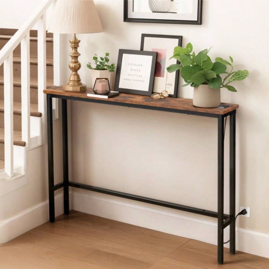 39.4 Narrow Console Sofa Table with Power Outlets and USB Ports, Couch Table with Metal Frame and Charge Station with 4.9ft Extension Cord, Rustic Brown