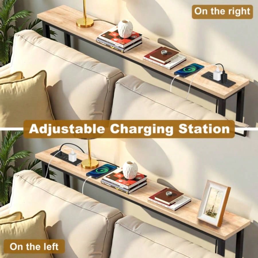 39.4 Narrow Console Sofa Table with Power Outlets and USB Ports, Couch Table with Metal Frame and Charge Station with 4.9ft Extension Cord, Oak