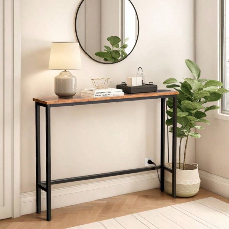 39.4 Narrow Console Sofa Table with Power Outlets and USB Ports, Couch Table with Metal Frame and Charge Station with 4.9ft Extension Cord, Rustic Brown