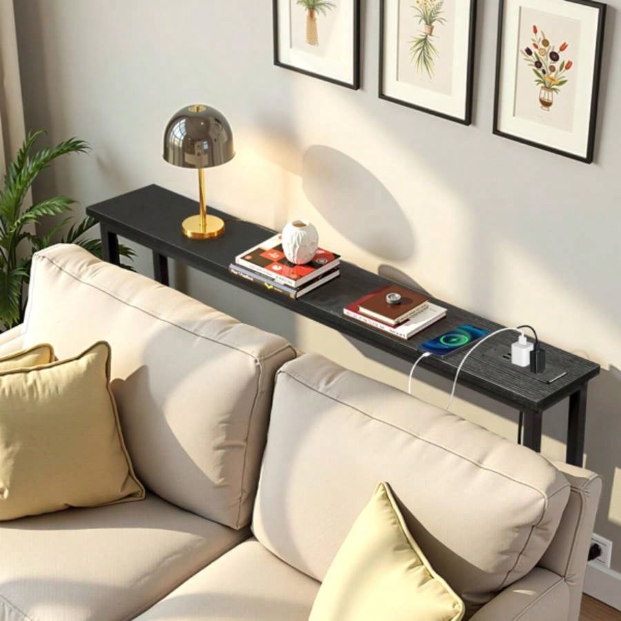39.4 Narrow Console Sofa Table with Power Outlets and USB Ports, Couch Table with Metal Frame and Charge Station with 4.9ft Extension Cord, Black