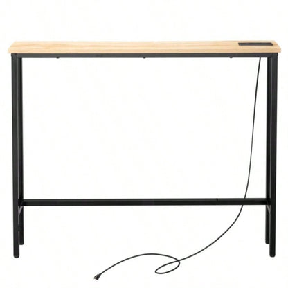 39.4 Narrow Console Sofa Table with Power Outlets and USB Ports, Couch Table with Metal Frame and Charge Station with 4.9ft Extension Cord, Oak