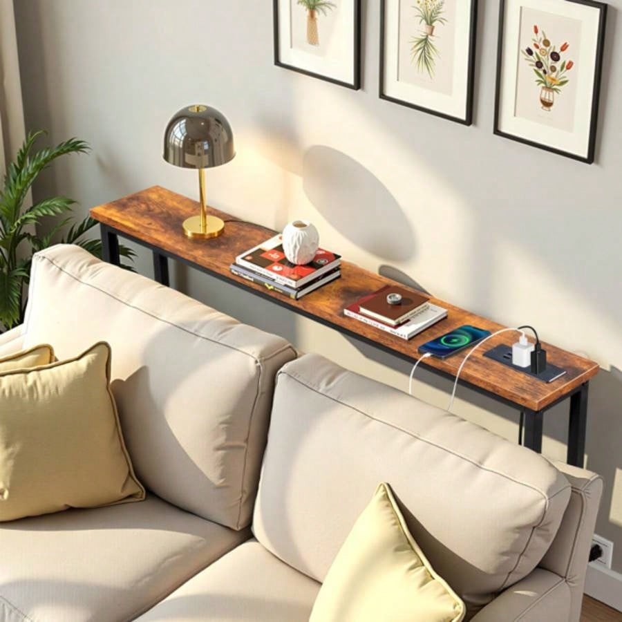 39.4 Narrow Console Sofa Table with Power Outlets and USB Ports, Couch Table with Metal Frame and Charge Station with 4.9ft Extension Cord, Rustic Brown