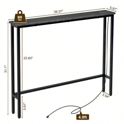 39.4 Narrow Console Sofa Table with Power Outlets and USB Ports, Couch Table with Metal Frame and Charge Station with 4.9ft Extension Cord, Black