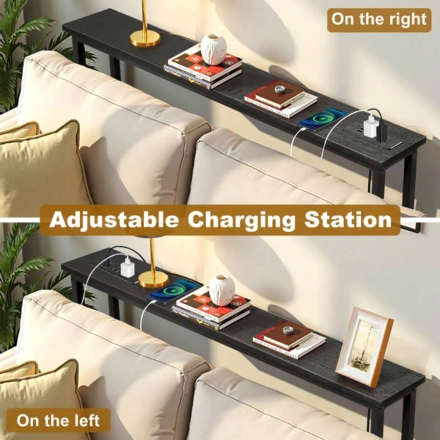 39.4 Narrow Console Sofa Table with Power Outlets and USB Ports, Couch Table with Metal Frame and Charge Station with 4.9ft Extension Cord, Black