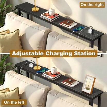 39.4 Narrow Console Sofa Table with Power Outlets and USB Ports, Couch Table with Metal Frame and Charge Station with 4.9ft Extension Cord, Black