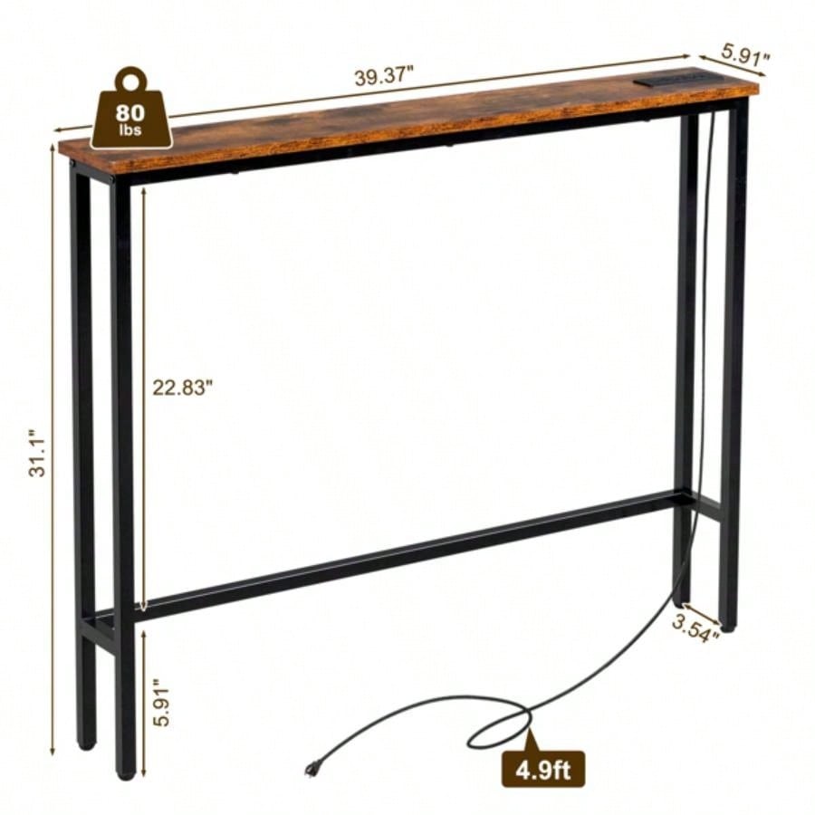 39.4 Narrow Console Sofa Table with Power Outlets and USB Ports, Couch Table with Metal Frame and Charge Station with 4.9ft Extension Cord, Rustic Brown
