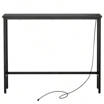 39.4 Narrow Console Sofa Table with Power Outlets and USB Ports, Couch Table with Metal Frame and Charge Station with 4.9ft Extension Cord, Black
