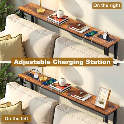 39.4 Narrow Console Sofa Table with Power Outlets and USB Ports, Couch Table with Metal Frame and Charge Station with 4.9ft Extension Cord, Rustic Brown