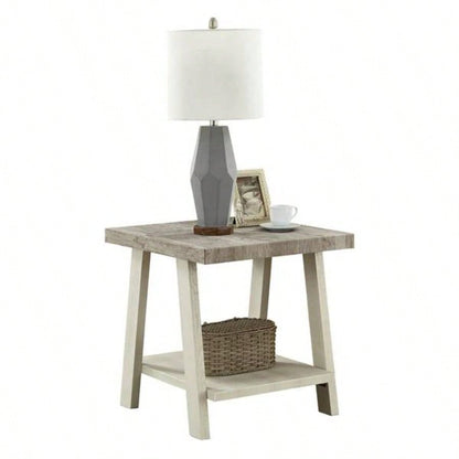 Athens Contemporary Two - Tone Wood Shelf End Table in Weathered Gray and Beige