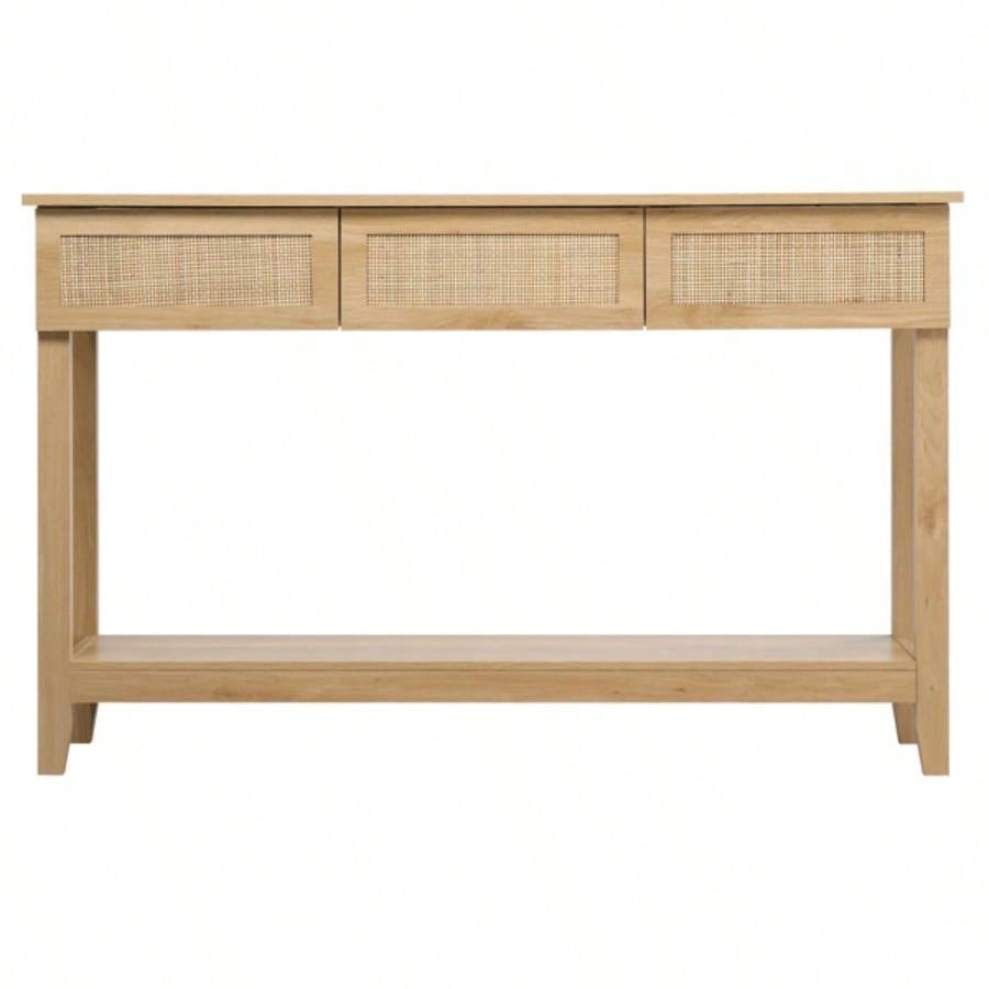 Boho Style Rattan Console Table with 3 Drawers and Open Storage Shelf, Entryway Table Narrow Long Sofa Table Hallway Foyer Table Behind Couch Table, Natural Wood