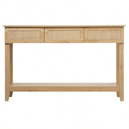 Boho Style Rattan Console Table with 3 Drawers and Open Storage Shelf, Entryway Table Narrow Long Sofa Table Hallway Foyer Table Behind Couch Table, Natural Wood