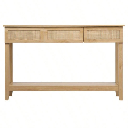 Boho Style Rattan Console Table with 3 Drawers and Open Storage Shelf, Entryway Table Narrow Long Sofa Table Hallway Foyer Table Behind Couch Table, Natural Wood