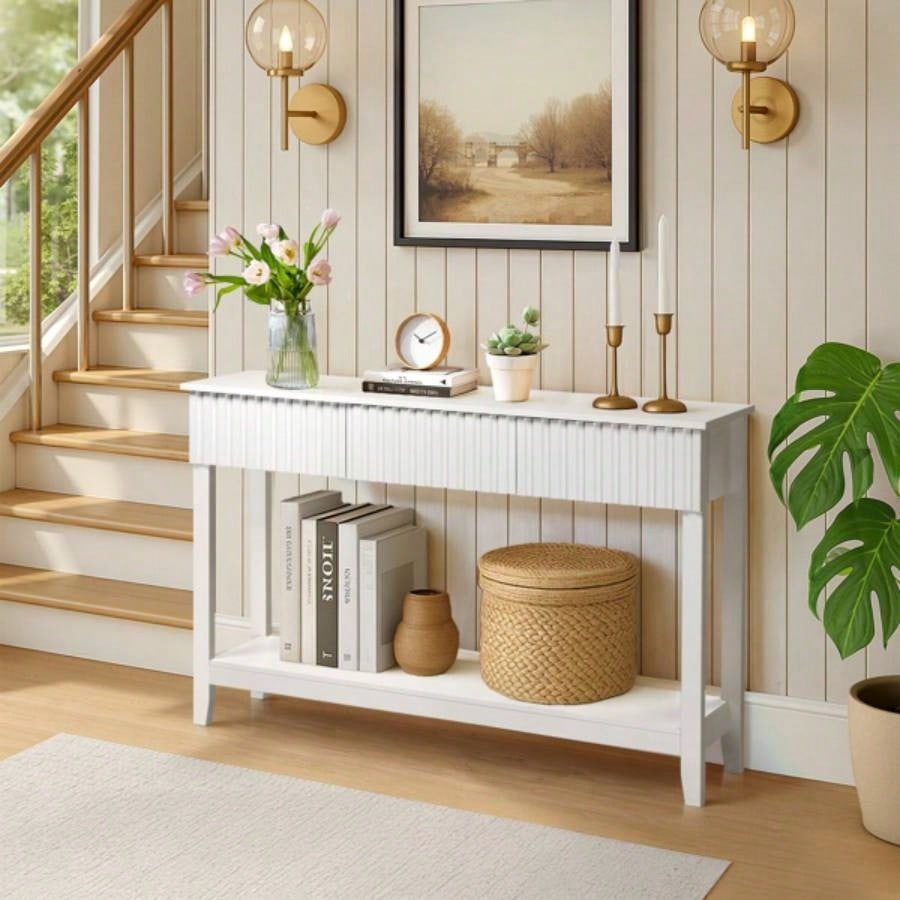 Modern Console Table with 3 Drawers and Open Storage Shelf, Entryway Table Narrow Long Sofa Table Hallway Foyer Table Behind Couch Table, White