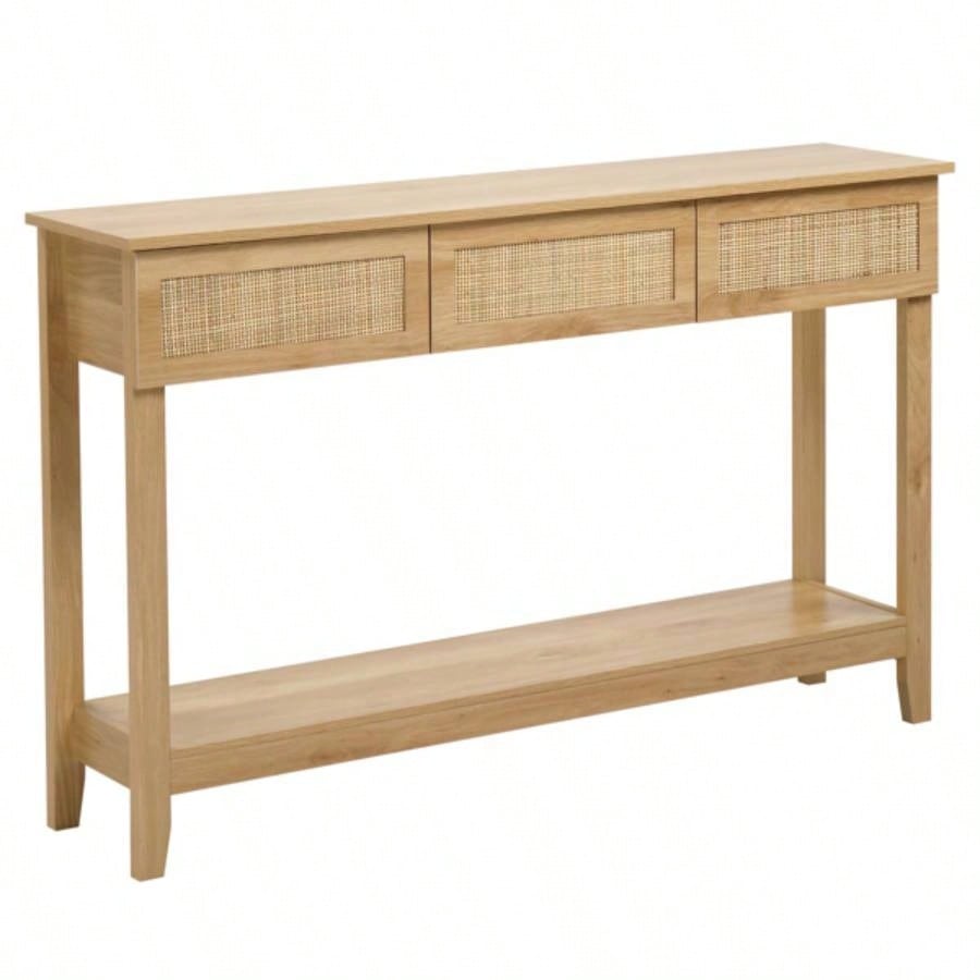 Boho Style Rattan Console Table with 3 Drawers and Open Storage Shelf, Entryway Table Narrow Long Sofa Table Hallway Foyer Table Behind Couch Table, Natural Wood
