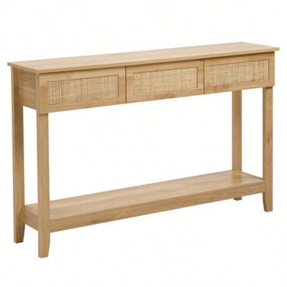 Boho Style Rattan Console Table with 3 Drawers and Open Storage Shelf, Entryway Table Narrow Long Sofa Table Hallway Foyer Table Behind Couch Table, Natural Wood