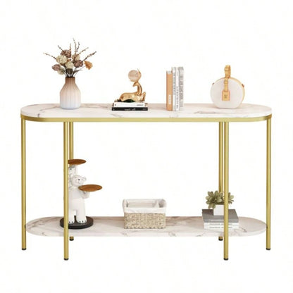 Old Code22504192Console Table 2 Tier Narrow Entryway Table with Storage Shelves Faux Marble Narrow Table Living Bedroom Hallway Office Easy Assembly, Gold White