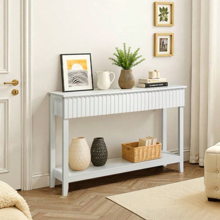 Modern Console Table with 3 Drawers and Open Storage Shelf, Entryway Table Narrow Long Sofa Table Hallway Foyer Table Behind Couch Table, White