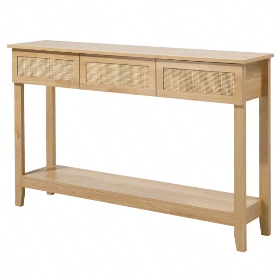 Boho Style Rattan Console Table with 3 Drawers and Open Storage Shelf, Entryway Table Narrow Long Sofa Table Hallway Foyer Table Behind Couch Table, Natural Wood