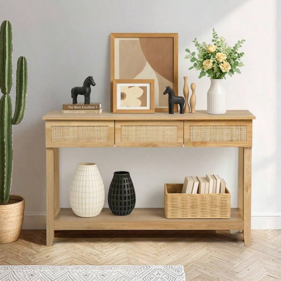 Boho Style Rattan Console Table with 3 Drawers and Open Storage Shelf, Entryway Table Narrow Long Sofa Table Hallway Foyer Table Behind Couch Table, Natural Wood