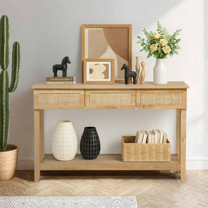 Boho Style Rattan Console Table with 3 Drawers and Open Storage Shelf, Entryway Table Narrow Long Sofa Table Hallway Foyer Table Behind Couch Table, Natural Wood