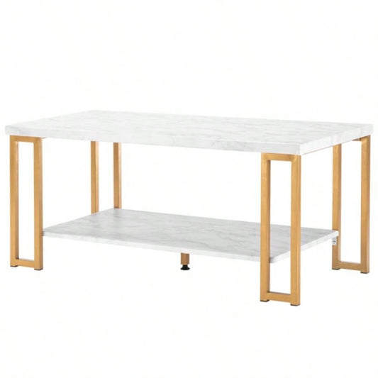106x 50x 48cm Simple Double - layer Golden Iron Pipe Marble PVC Coffee Table Rectangular