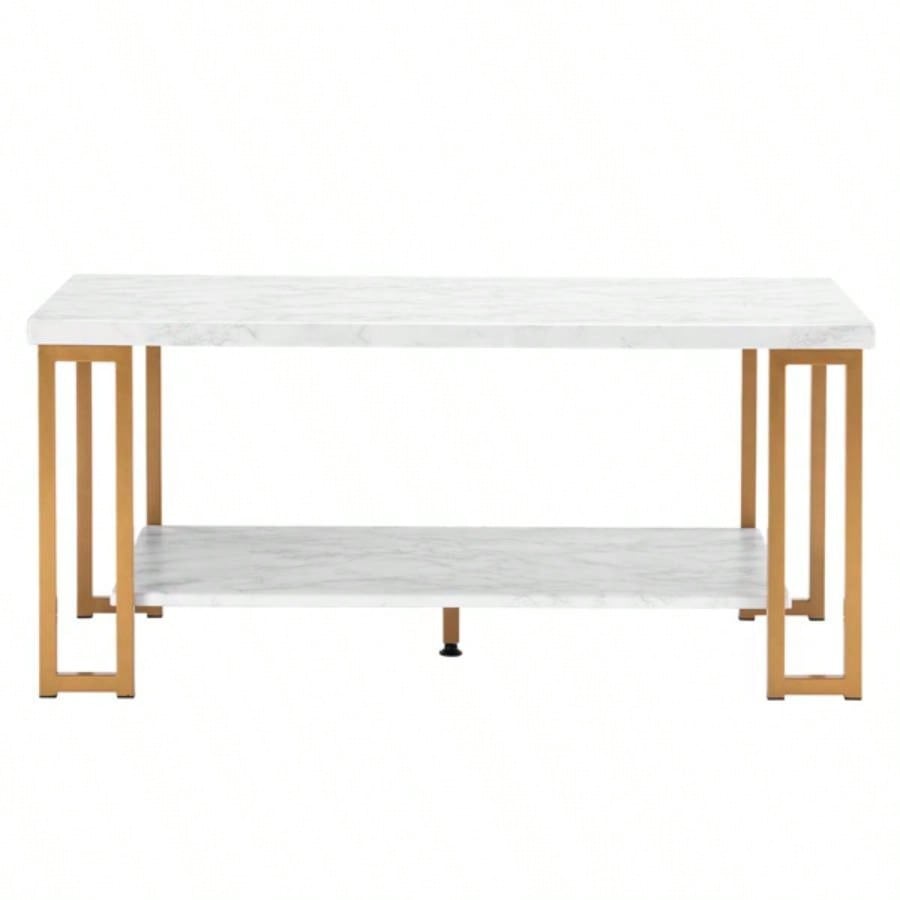 106x 50x 48cm Simple Double - layer Golden Iron Pipe Marble PVC Coffee Table Rectangular