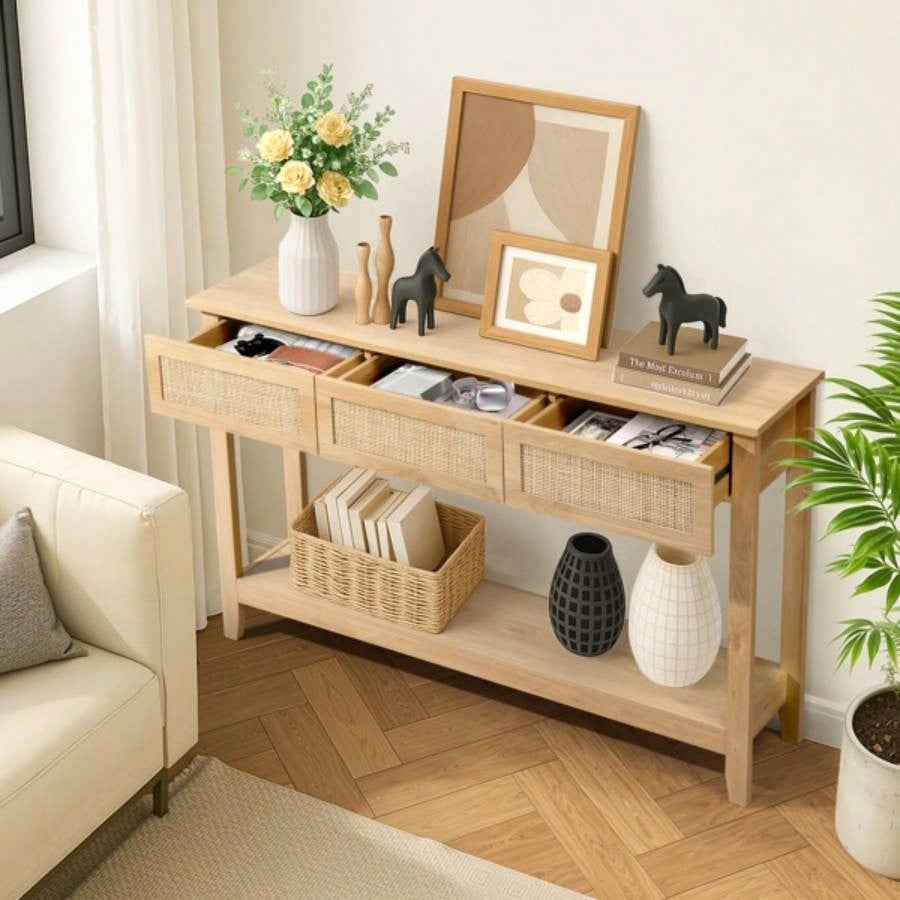 Boho Style Rattan Console Table with 3 Drawers and Open Storage Shelf, Entryway Table Narrow Long Sofa Table Hallway Foyer Table Behind Couch Table, Natural Wood
