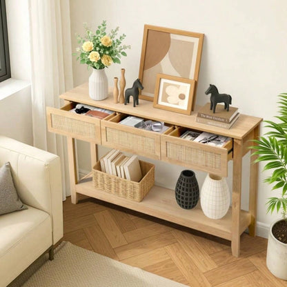 Boho Style Rattan Console Table with 3 Drawers and Open Storage Shelf, Entryway Table Narrow Long Sofa Table Hallway Foyer Table Behind Couch Table, Natural Wood