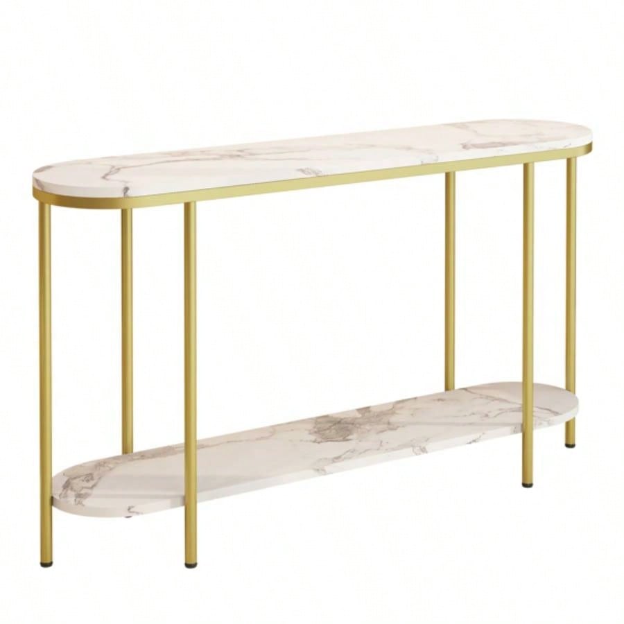 Old Code22504192Console Table 2 Tier Narrow Entryway Table with Storage Shelves Faux Marble Narrow Table Living Bedroom Hallway Office Easy Assembly, Gold White