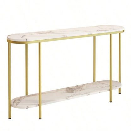 Old Code22504192Console Table 2 Tier Narrow Entryway Table with Storage Shelves Faux Marble Narrow Table Living Bedroom Hallway Office Easy Assembly, Gold White