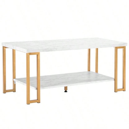 106x 50x 48cm Simple Double - layer Golden Iron Pipe Marble PVC Coffee Table Rectangular