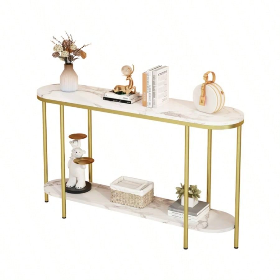 Old Code22504192Console Table 2 Tier Narrow Entryway Table with Storage Shelves Faux Marble Narrow Table Living Bedroom Hallway Office Easy Assembly, Gold White