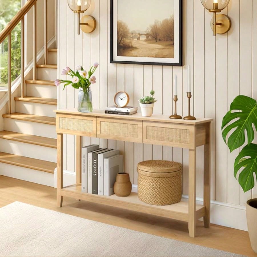 Boho Style Rattan Console Table with 3 Drawers and Open Storage Shelf, Entryway Table Narrow Long Sofa Table Hallway Foyer Table Behind Couch Table, Natural Wood