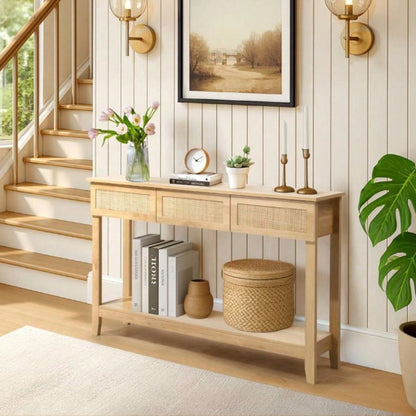 Boho Style Rattan Console Table with 3 Drawers and Open Storage Shelf, Entryway Table Narrow Long Sofa Table Hallway Foyer Table Behind Couch Table, Natural Wood