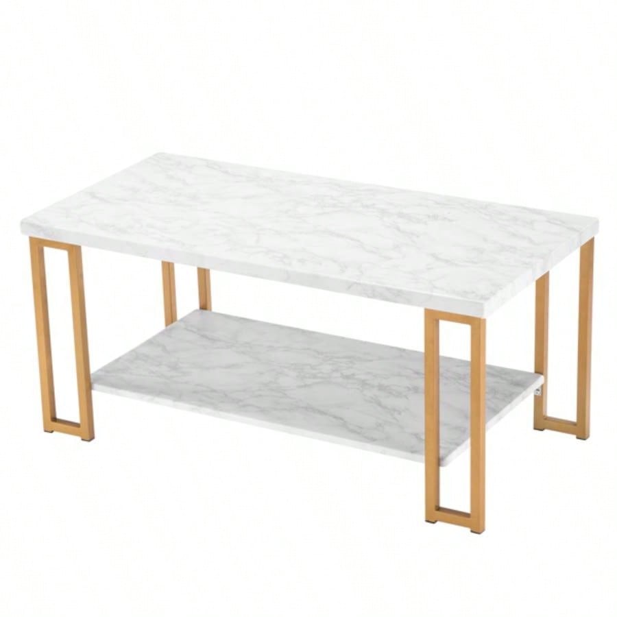 106x 50x 48cm Simple Double - layer Golden Iron Pipe Marble PVC Coffee Table Rectangular