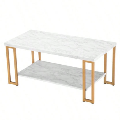 106x 50x 48cm Simple Double - layer Golden Iron Pipe Marble PVC Coffee Table Rectangular