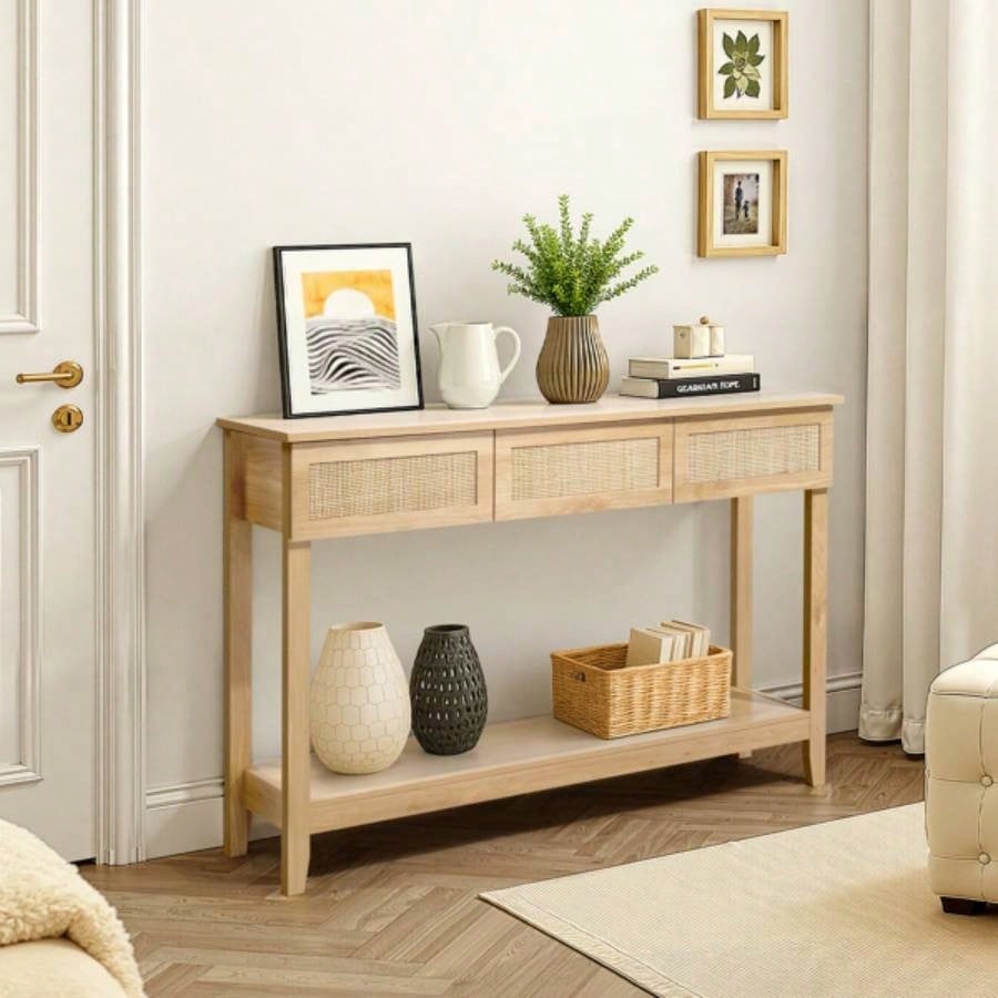 Boho Style Rattan Console Table with 3 Drawers and Open Storage Shelf, Entryway Table Narrow Long Sofa Table Hallway Foyer Table Behind Couch Table, Natural Wood