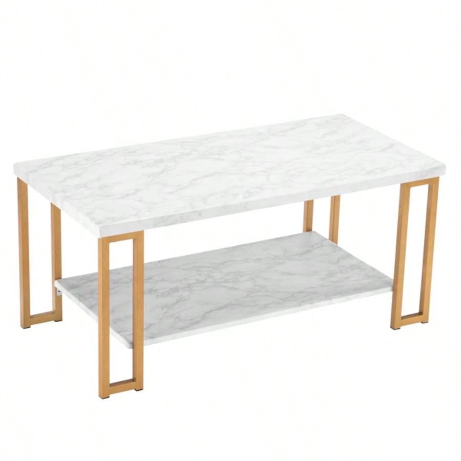 106x 50x 48cm Simple Double - layer Golden Iron Pipe Marble PVC Coffee Table Rectangular