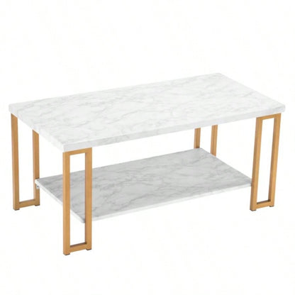 106x 50x 48cm Simple Double - layer Golden Iron Pipe Marble PVC Coffee Table Rectangular