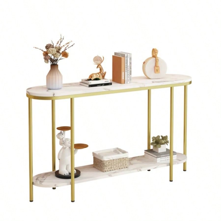 Old Code22504192Console Table 2 Tier Narrow Entryway Table with Storage Shelves Faux Marble Narrow Table Living Bedroom Hallway Office Easy Assembly, Gold White