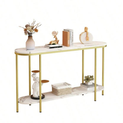 Old Code22504192Console Table 2 Tier Narrow Entryway Table with Storage Shelves Faux Marble Narrow Table Living Bedroom Hallway Office Easy Assembly, Gold White