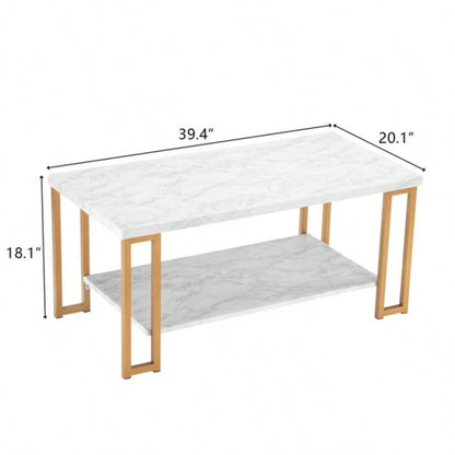 106x 50x 48cm Simple Double - layer Golden Iron Pipe Marble PVC Coffee Table Rectangular