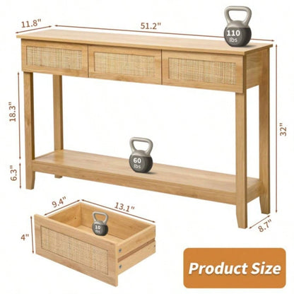 Boho Style Rattan Console Table with 3 Drawers and Open Storage Shelf, Entryway Table Narrow Long Sofa Table Hallway Foyer Table Behind Couch Table, Natural Wood
