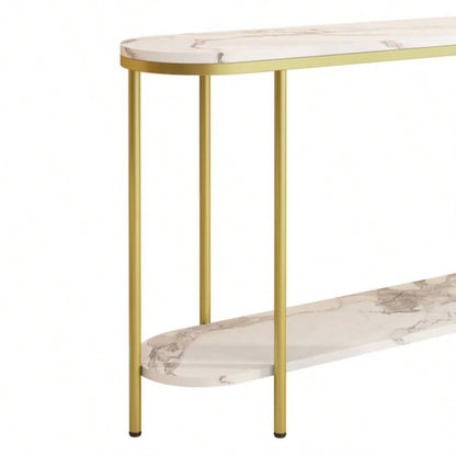 Old Code22504192Console Table 2 Tier Narrow Entryway Table with Storage Shelves Faux Marble Narrow Table Living Bedroom Hallway Office Easy Assembly, Gold White
