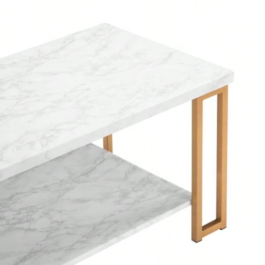 106x 50x 48cm Simple Double - layer Golden Iron Pipe Marble PVC Coffee Table Rectangular