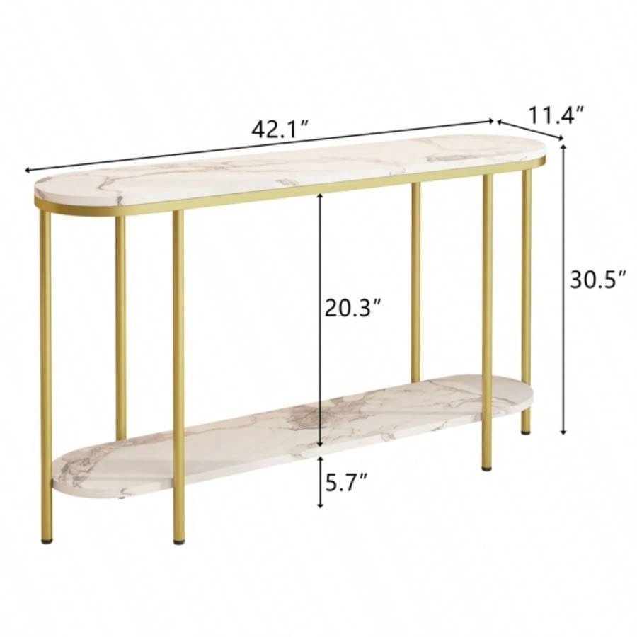 Old Code22504192Console Table 2 Tier Narrow Entryway Table with Storage Shelves Faux Marble Narrow Table Living Bedroom Hallway Office Easy Assembly, Gold White