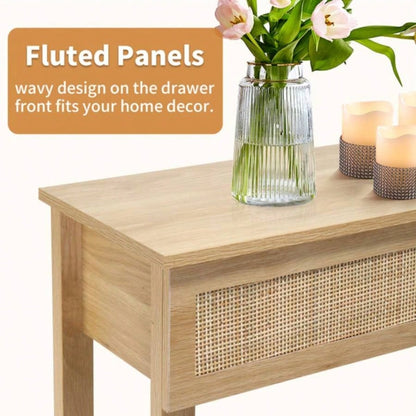Boho Style Rattan Console Table with 3 Drawers and Open Storage Shelf, Entryway Table Narrow Long Sofa Table Hallway Foyer Table Behind Couch Table, Natural Wood